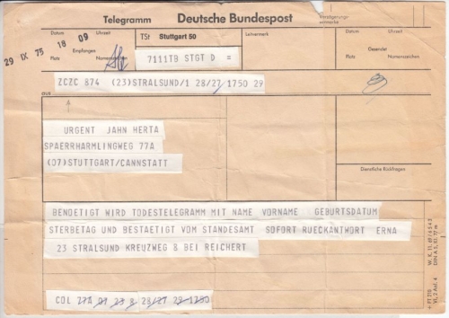 DDR - Telegramm Stralsund - Stuttgart 1975 m. Tickerzensur ZCZC