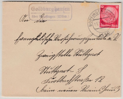 DR - Goldburghausen ü. Bopfingen, Landpost-Ra2 a. Brief n. Stuttgart 1936
