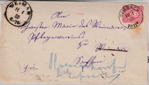 DR - 10 PfgE, Brief/Irrläufer Rimbach - Weimar - Ilversgehofen 1880