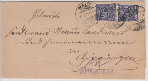 DR-Infla - 2x20 Pfg. Dienst "21", Brief Wald (Hohenzollern) - Göggingen 1921