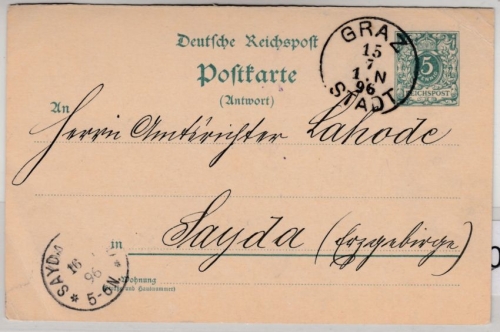 DR/Österreich - Graz Stadt 1896, österr. K1 a. 5 Pfg. GA-Karte/A-Teil n. Sayda
