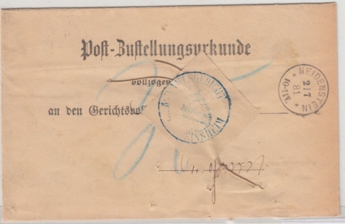DR - Neidenstein 1881, K1 a. Zustellurkunde/Wendebrief n. Sinsheim