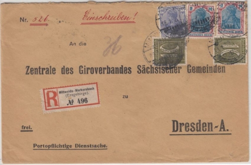 DR - 2x2 M. Germania u.a., Einschreibebrief Mittweida-Markersbach - Dresden 1922