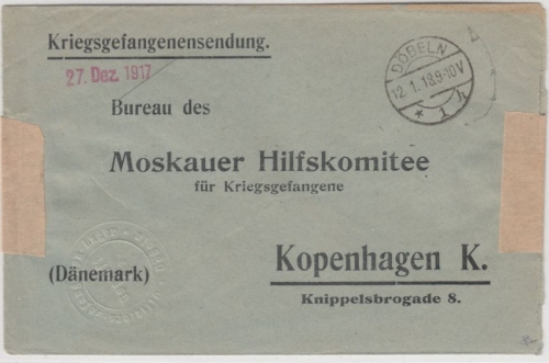 DR - Döbeln 1918, vorgedr. Kriegsgef.Brief n. Kopenhagen, Zensur-PRÄGUNG (!!)