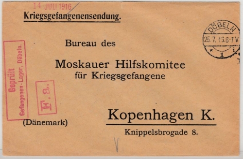 DR - Döbeln 1916, vorgedr. Kriegsgef.Brief n. Kopenhagen, roter Zensur-Stpl.