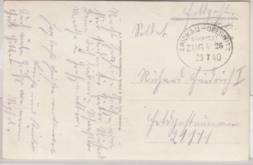 DR - Zwickau-Oelsnitz Bahnpost Zug 4625, Feldpostkarte a. FpNr. 21171, 1940