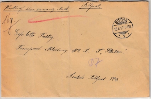 DR - Gotha 1917, Feldpost-Wertbrief a. Fernsprechabt. 103/Dt. Feldpost 806