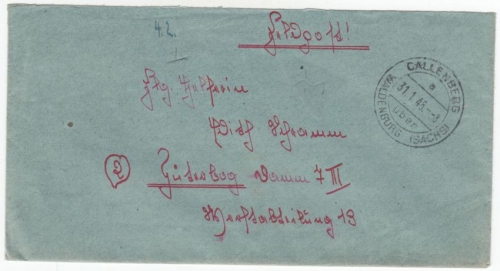 DR - Callenberg ü. Waldenburg 31.1.45, Poststelle I, Feldpostbrief n. Jüterbog