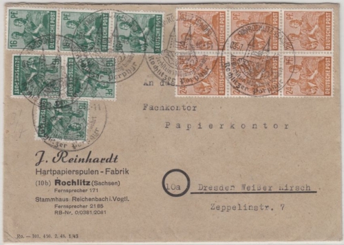All.Bes./Währungsreform - 16+24 Pfg. Arbeiter, je6x a. Brief Rochlitz 3.7.48 n.
