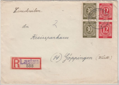All.Bes. - 2x30+2x12 Pfg. Ziffer, Einschreibebrief Lastau - Göppingen 1946