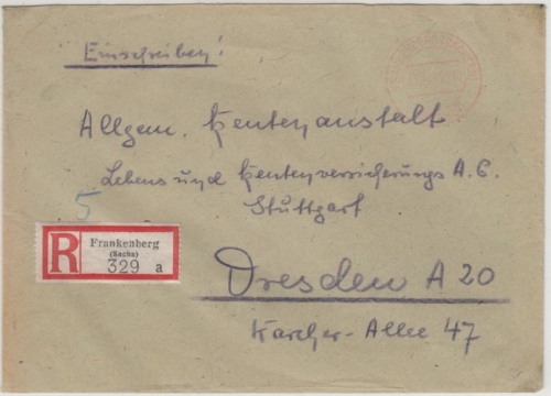 SBZ - Frankenberg Bezahlt 17.10.45, Einschreibebrief n. Dresden