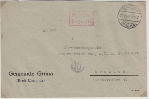 SBZ - Grüna 24.10.45, Gebühr bezahlt ra2 a. Brief n. Dresden