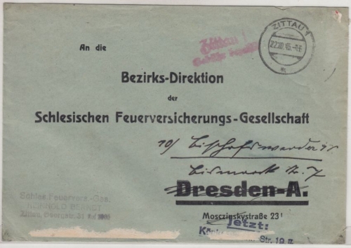 SBZ - Zittau 1 Gebühr bezahlt, roter L2 a. Brief 22.10.45 n. Dresden