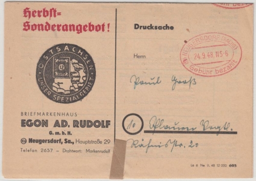 All.Bes. - Neugersdorf Gebühr bezahlt 1948, Faltdrucksache (Philatelie !) n.