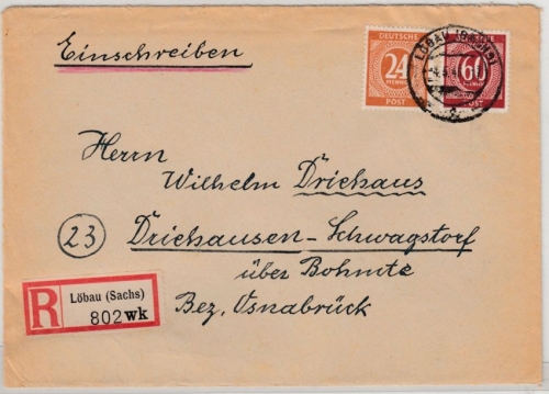 All.Bes. - 60+24 Pfg. Ziffer, Einschreibebrief Löbau - Bohmte 1946