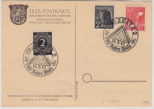 All.Bes. - Zeitz 1947, Sonderkarte + SST "980 Jahre Zeitz"