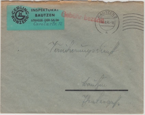 All.Bes. - Bautzen 2 - 14.8.45, Gebühr bezahlt, Ortsbrief ohne Inhalt