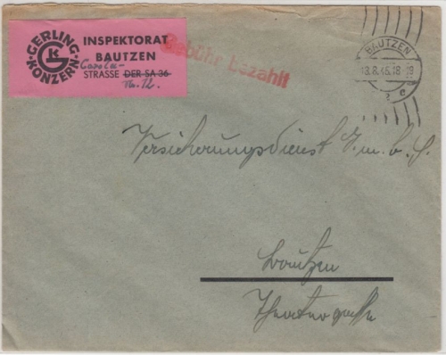 All.Bes. - Bautzen 2 - 13.8.45, Gebühr bezahlt, Ortsbrief ohne Inhalt