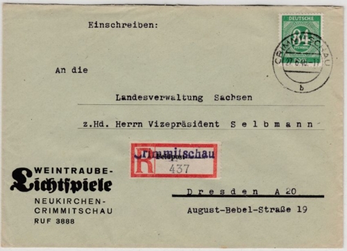 All.Bes. - 84 Pfg. Ziffer, Einschreibebrief Crinmmitschau - Dresden 1946