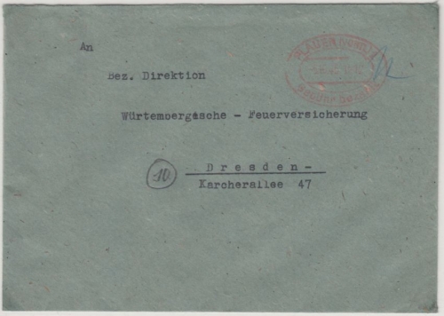 All.Bes. - Plauen (Vogtl.) 1 5.10.45, Gebühr bezahlt a. Brief n. Dresden