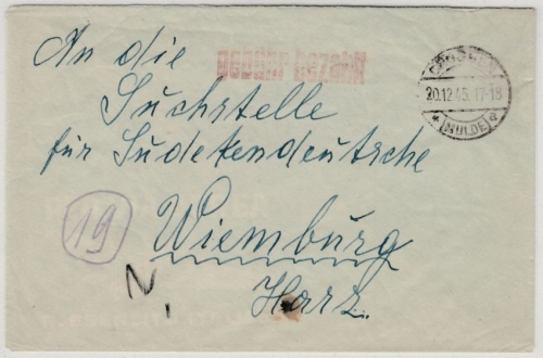 All.Bes. - Crossen (Mulde) 20.12.45, Gebühr bezahlt L1 a. Brief n. Wiemburg