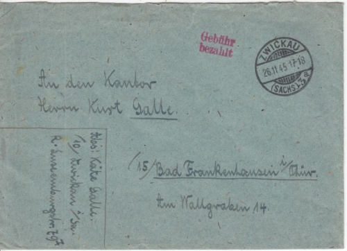 All.Bes. - Zwickau 3 26.11.45, Gebühr bezahlt L2 a. Brief n. Bad Frankenhausen