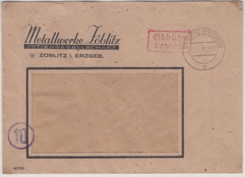 All.Bes. - Zöblitz (Erzgeb) 9.10.45, Gebühr bezahlt Ra2 a. Brief