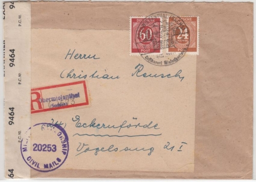 All.Bes. - 60+24 Pfg. Ziffer, Zensur-Einschreibebrief Oberwiesenthal 1946 n.