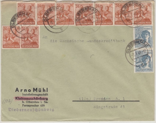 All.Bes./Währungsreform - 9x24+2x12 Pfg. Arbeiter, Brief Olbernhau 2.7.48 n.