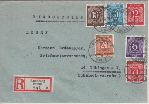 All.Bes. - Annaberg 1946, Einschreibebrief/5-Farben-Frankatur n. Tübigen
