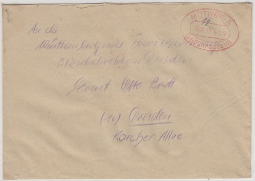 All.Bes. - Mittweida 10.10.45 Gebühr bezahlt, Oval-Stpl. a. Brief n. Dresden