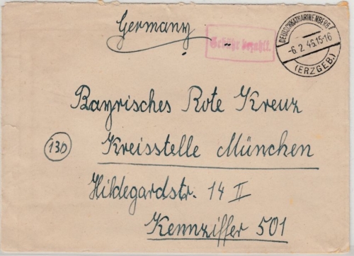 All.Bes. - Deutschkatharinenberg 6.2.45, Gebühr bezahlt Ra1 a. Brief n. München