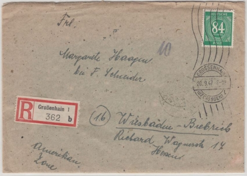 All.Bes. - 84 Pfg. Ziffer, Einschreibebrief Handrollstpl. Großenhain 1947 n.