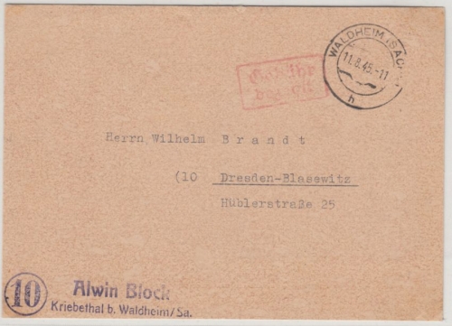 All.Bes. - Waldheim (Sachs) 11.8.45, Gebühr bezahlt, Ra2 a. Karte n. Dresden