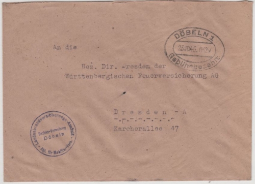 All.Bes. - Döbeln 1 23.10.45 Gebühr bezahlt, Tagesstpl. a. Brief n. Dresden