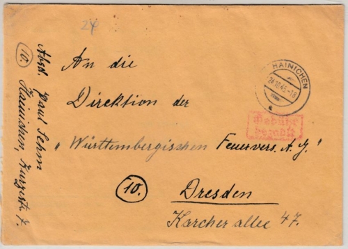 All.Bes. - Hainichen 24.10.45 Gebühr bezahlt, Ra2 a. Brief n. Dresden