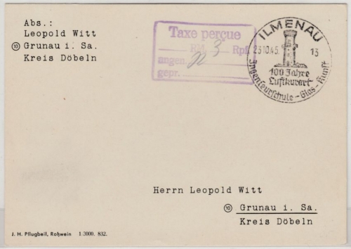 All.Bes. - Ilmenau 23.10.45, Taxe percue Ra3 Drucksache n. Grunau