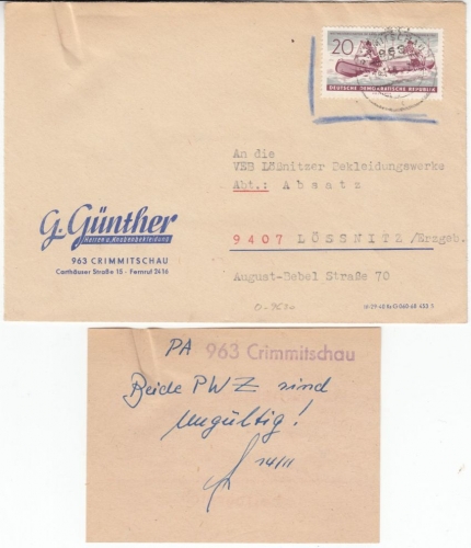 DDR - 20 Pfg. Kanu, Brief Crimmitschau - Lössnitz 1964, Hinweiszettel "ungültig"