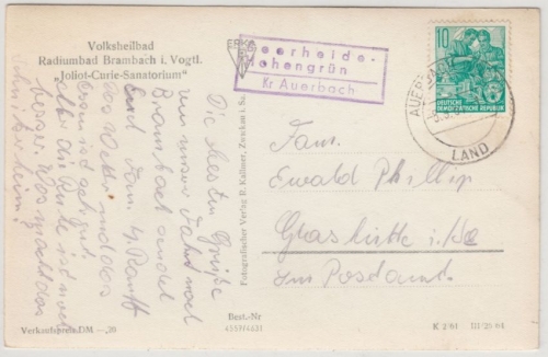 DDR - Beerheide-Hohengrün (Kr. Auerbach) Landpost-Ra3 a. Karte n. Glashütte 1961
