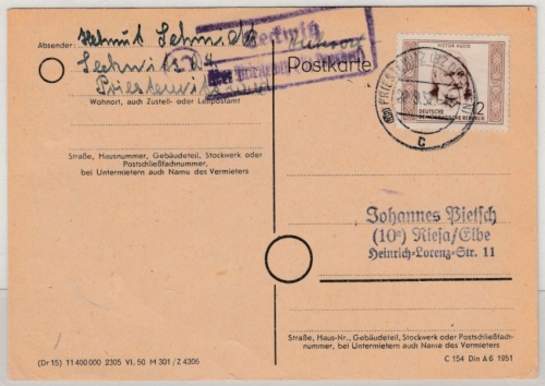 DDR - (10) Leckwitz ü. Priestewitz, Landpost-Ra2 a. Karte n. Riesa 1952