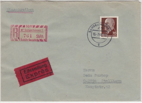 DDR - Sangerhausen 1968, Selbstbucher-R-Zettel, Eil-Einschreibebrief n. Stollham