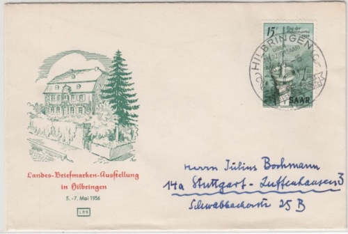 Saar - 15 Pfg. Hilbringen 1956, Poststelle I handwerbestpl. a. Schmuck-FDC n.