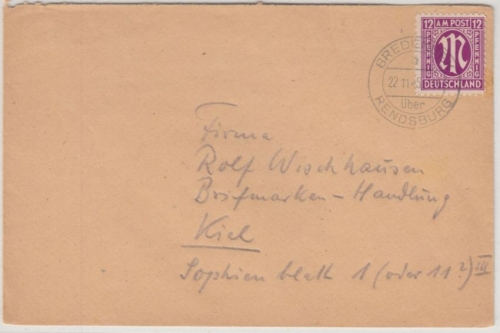 AM-Post - Bredenbek ü. Rendsburg 22.11.45, Poststelle I a. Brief n. Kiel