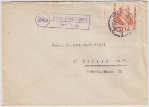 BRD - 20 Pfg. Wofa'55, Randstck. m. Passerkreuz, Brief Hörne ü. Stade 1956 n.