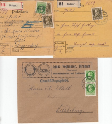 Bayern - Birnbach 1918/19, 2 Paketkarten + 1 Geschäftspapiere