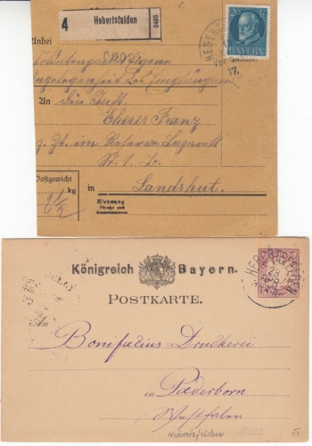 Bayern - Herbertsfelden 5 Pfg. GA-Karte 1883, Soldaten-Paketkarte 1917, 2 Belege