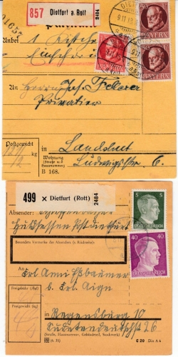Bayern/DR - Dietfurt a. Rott 1918 bzw. 1943, 2 Paketkarten