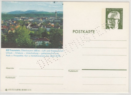 BRD - 30 Pfg. Heinemann Bild-GA-Karte "Traunstein", Lochung "Druckmuster"