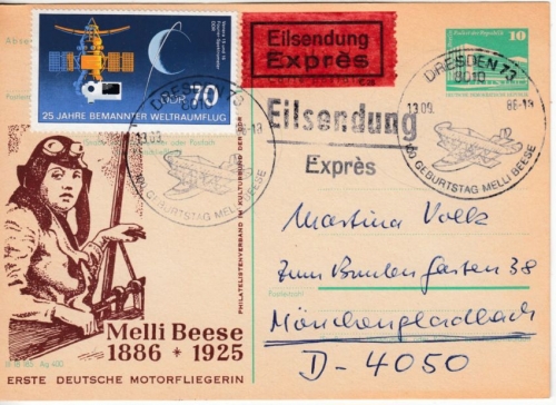 DDR - 10 Pfg. GA-Karte m.priv. Zudruck Melli Beese Eilpostkarte SST Dresden 1986
