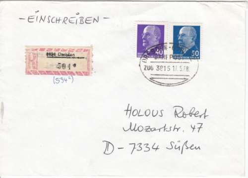 DDR - Dresden - Görlitz Bahnpost Zug 3815, Einschreibebrief Dresden - Süßen 1988
